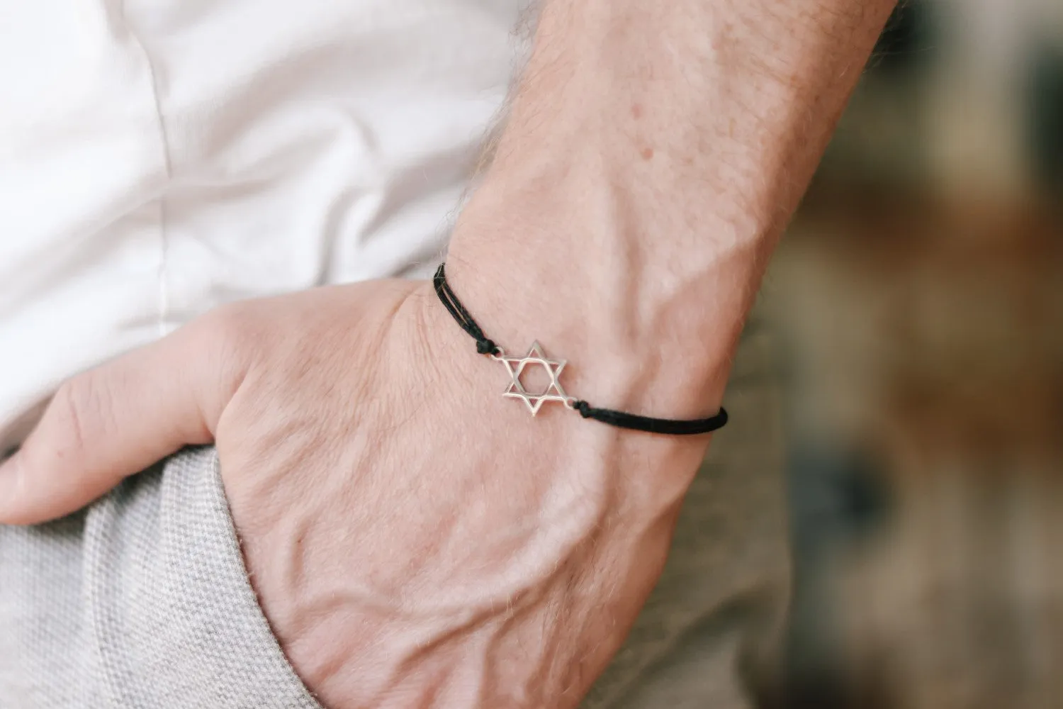 Star of David men's bracelet, silver, gift for him, black bracelet for men, waterproof