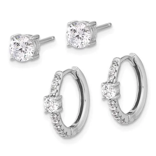 Sterling Silver 5mm CZ Studs and Hinged Hoop Earrings Set