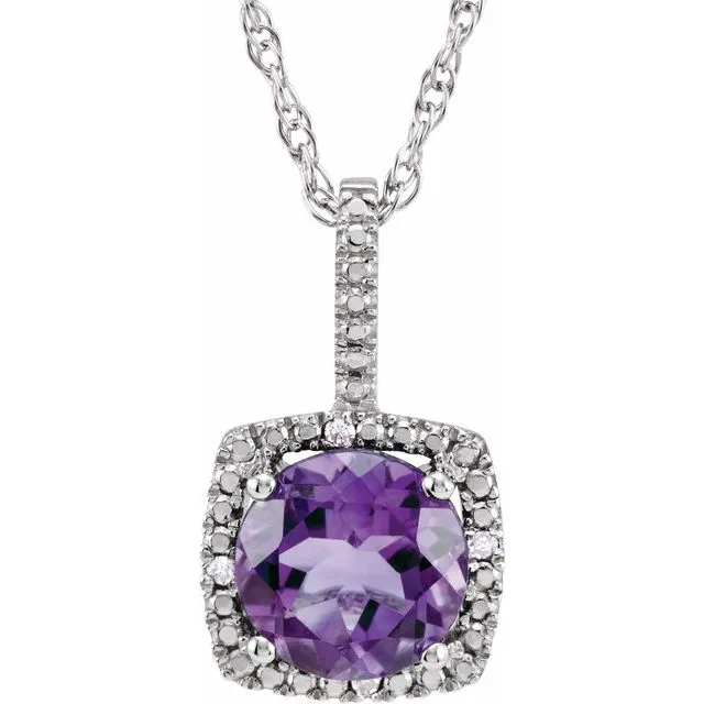 Sterling Silver 7mm Gemstone & Diamond 18" Halo-Style Necklaces