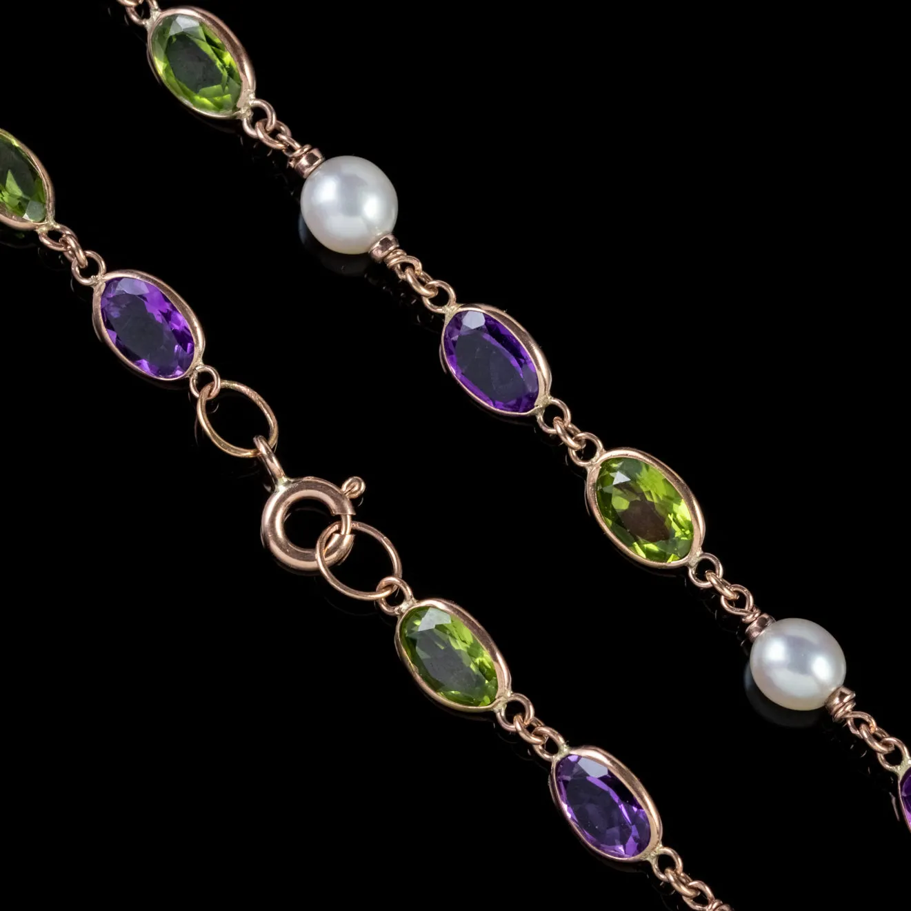 Suffragette Peridot Amethyst Pearl Necklace 9Ct Rose Gold