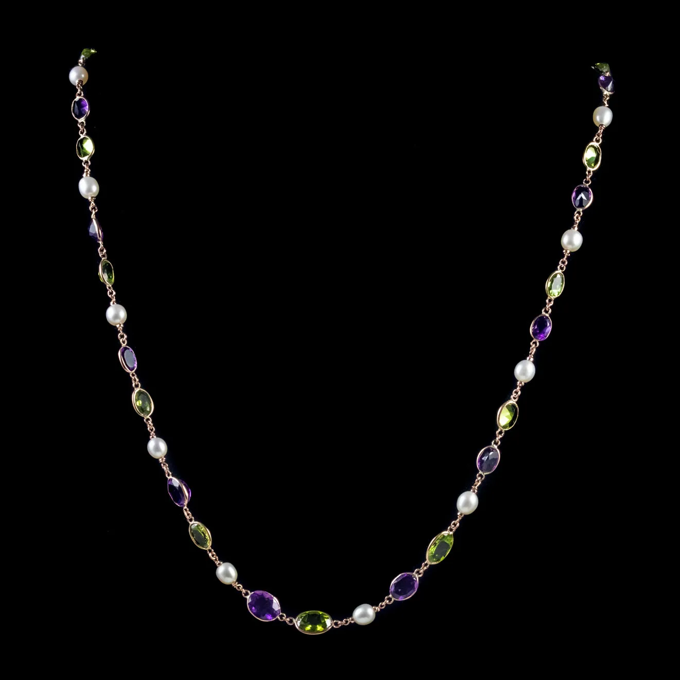 Suffragette Peridot Amethyst Pearl Necklace 9Ct Rose Gold