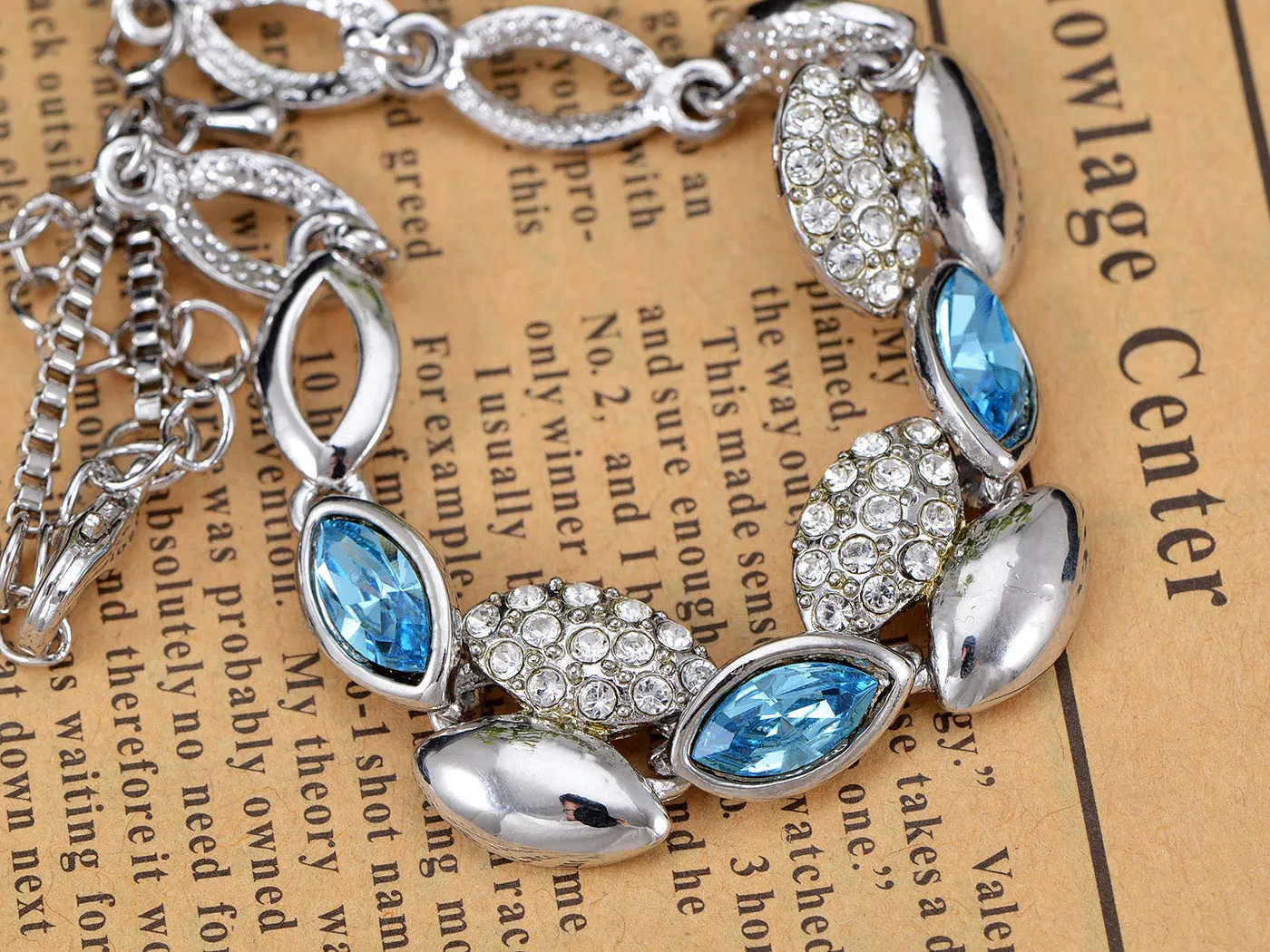 Swarovski Crystal Elements Aquamarine Blue Teardrop Leaves Link Bracelet