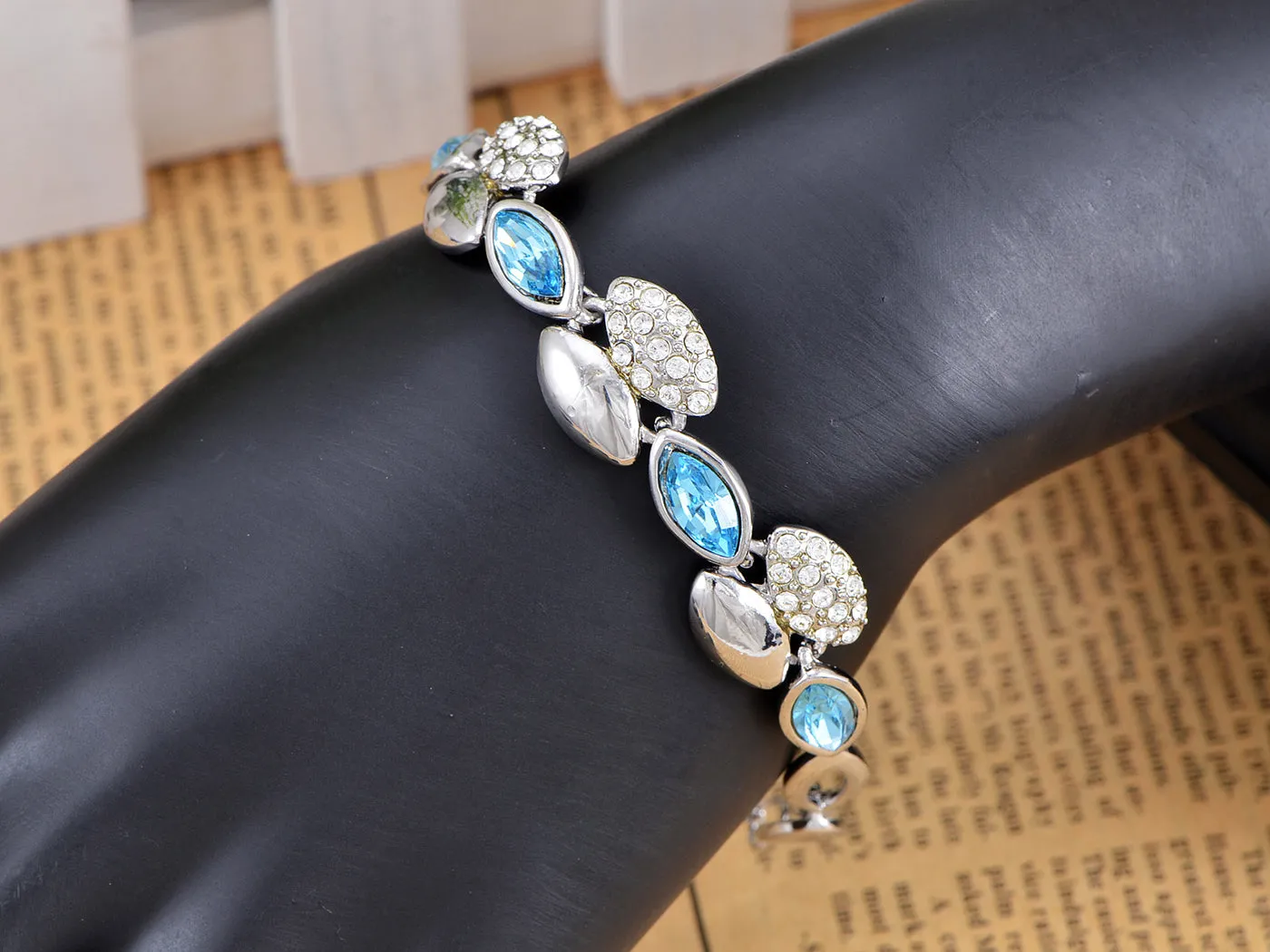 Swarovski Crystal Elements Aquamarine Blue Teardrop Leaves Link Bracelet