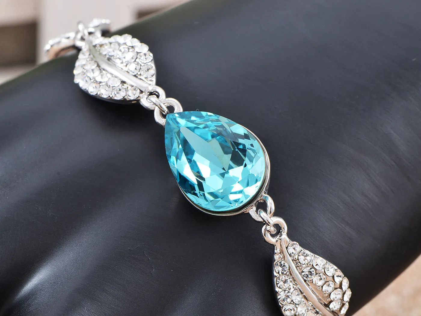 Swarovski Crystal Elements Aquamarine Blue Teardrop Leaves Link Bracelet