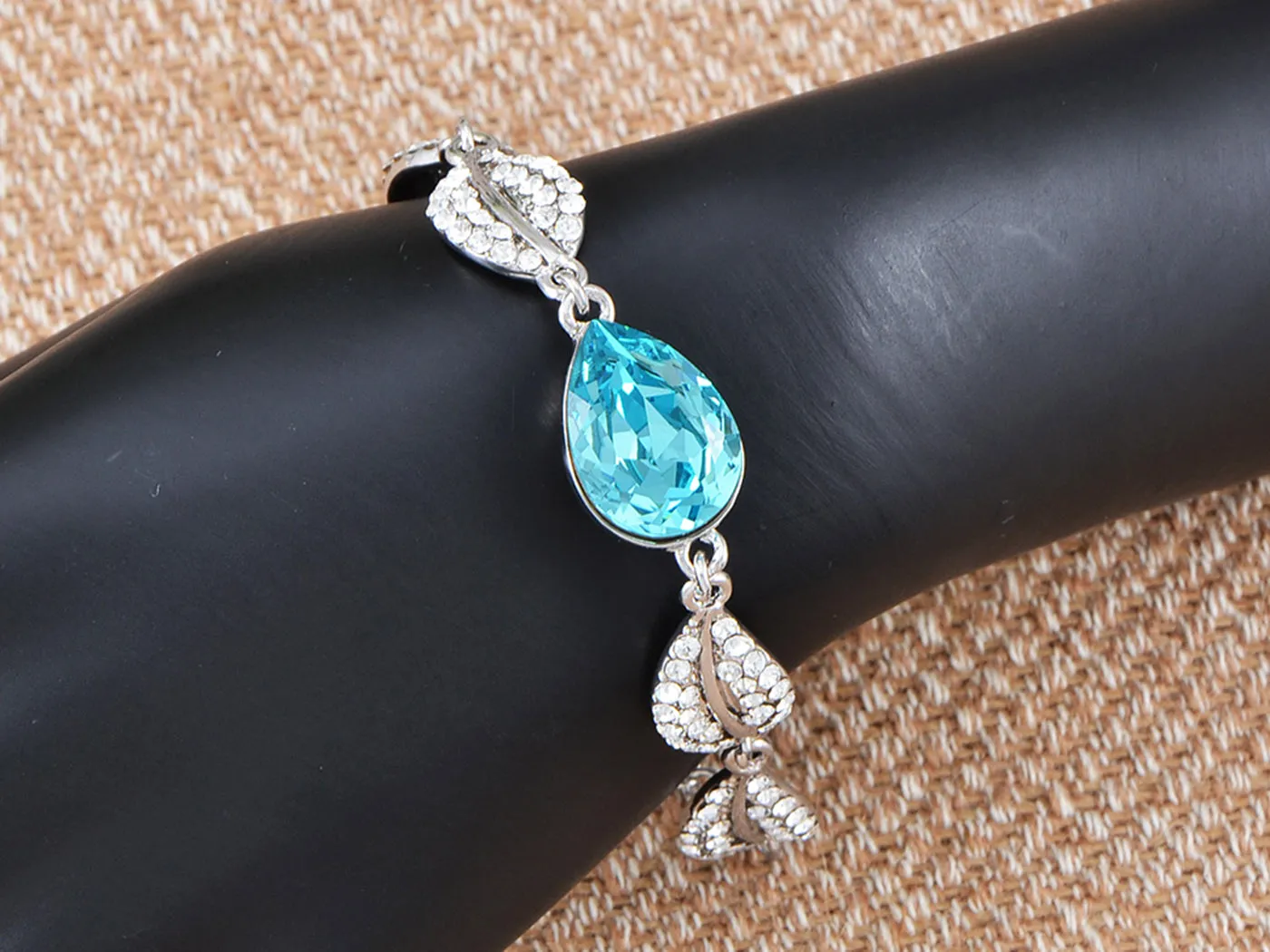 Swarovski Crystal Elements Aquamarine Blue Teardrop Leaves Link Bracelet