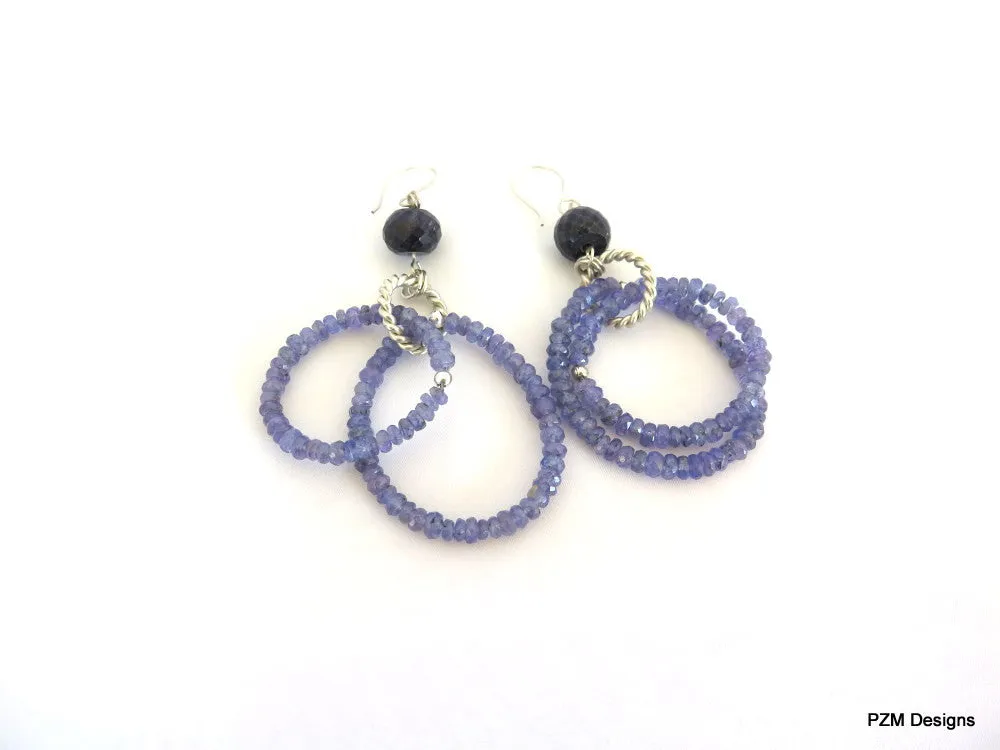 Tanzanite and sapphire hoop earrings set in solid silver