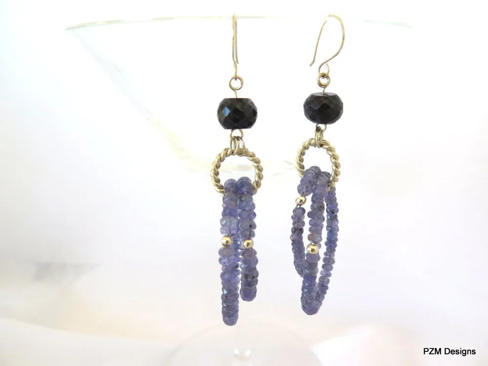 Tanzanite and sapphire hoop earrings set in solid silver