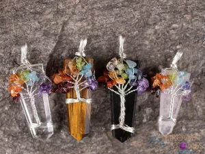 Tree of Life Pendant, CHAKRA Crystal Points Pendant - Tiger's Eye, Clear Quartz, Rose Quartz, Shungite - Wire Wrapped Jewelry, E2017