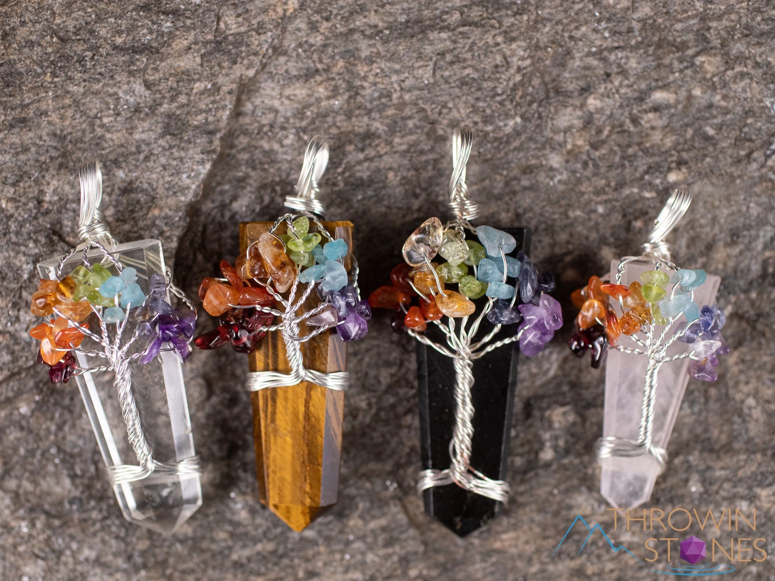 Tree of Life Pendant, CHAKRA Crystal Points Pendant - Tiger's Eye, Clear Quartz, Rose Quartz, Shungite - Wire Wrapped Jewelry, E2017