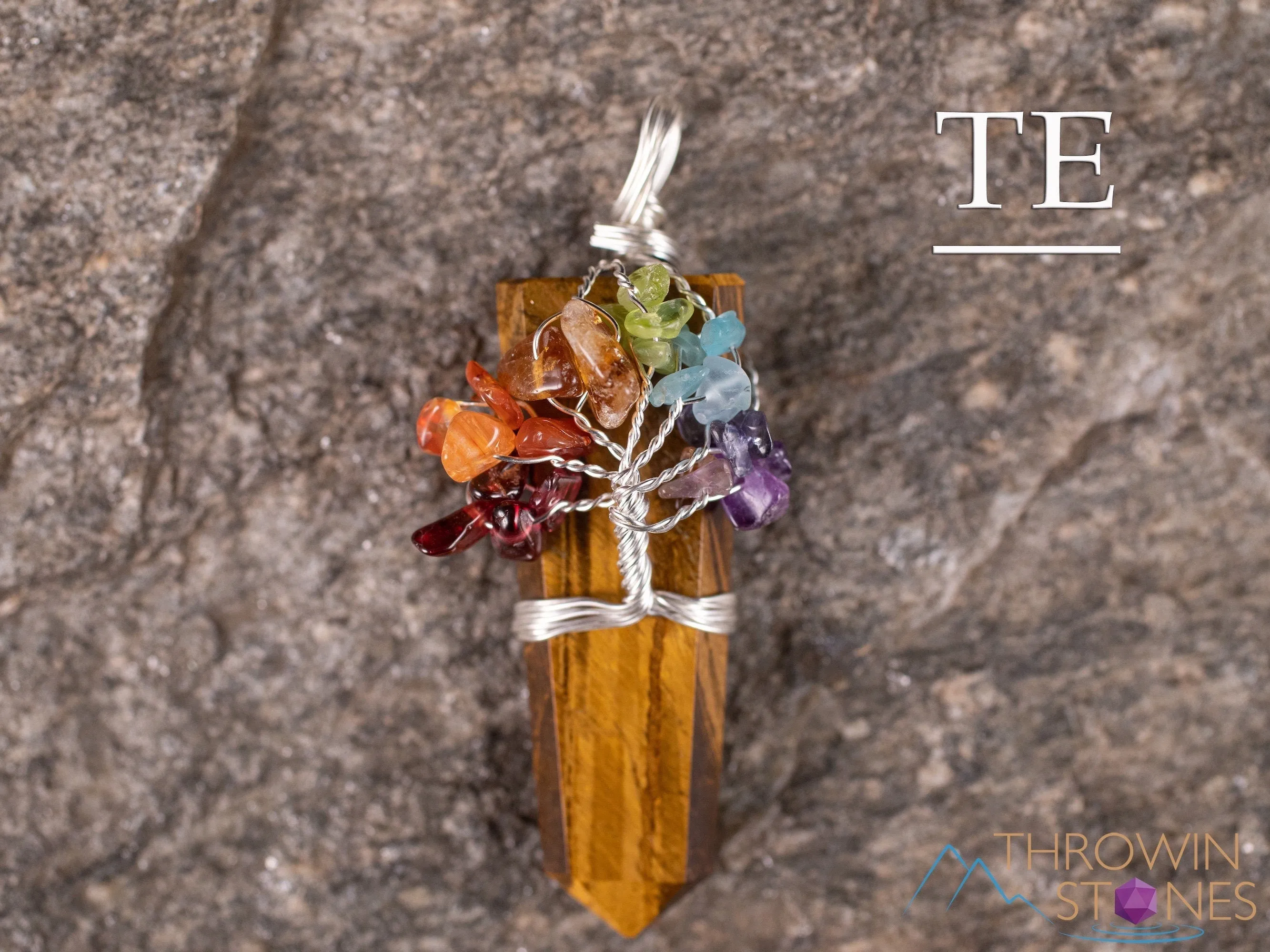 Tree of Life Pendant, CHAKRA Crystal Points Pendant - Tiger's Eye, Clear Quartz, Rose Quartz, Shungite - Wire Wrapped Jewelry, E2017