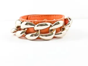 Unique Trendy Chain Link Design Orange Leather Fashion Bracelet