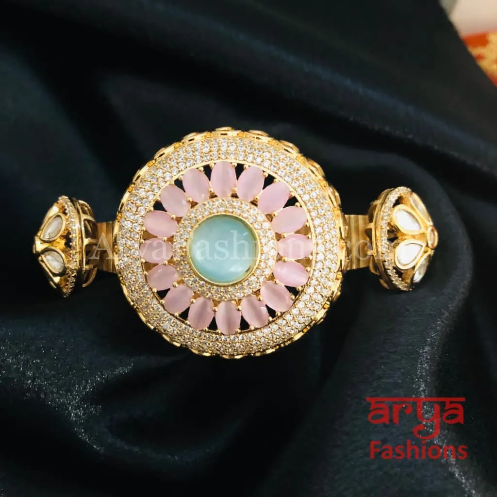 Veera Jadau Kundan Rajwadi Openable Bracelet/ Jaipuri Flower Pacchi Kundan Statement Bracelet