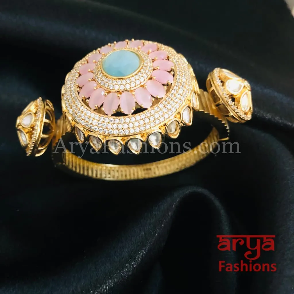 Veera Jadau Kundan Rajwadi Openable Bracelet/ Jaipuri Flower Pacchi Kundan Statement Bracelet