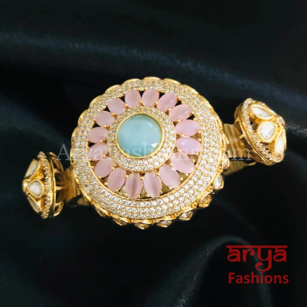 Veera Jadau Kundan Rajwadi Openable Bracelet/ Jaipuri Flower Pacchi Kundan Statement Bracelet