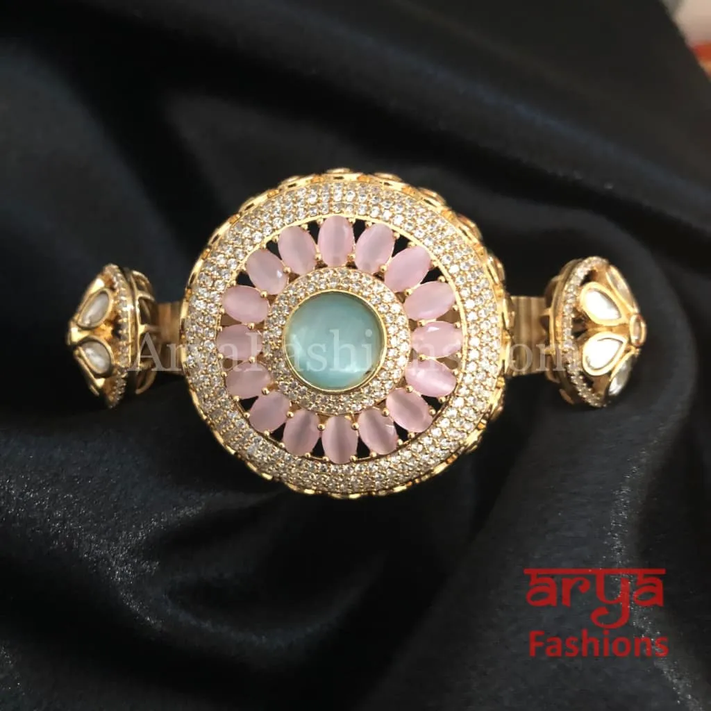 Veera Jadau Kundan Rajwadi Openable Bracelet/ Jaipuri Flower Pacchi Kundan Statement Bracelet