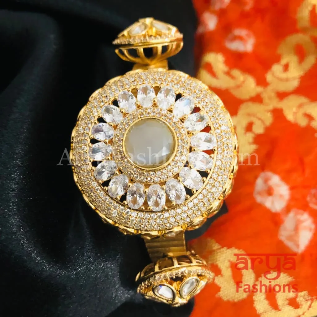 Veera Jadau Kundan Rajwadi Openable Bracelet/ Jaipuri Flower Pacchi Kundan Statement Bracelet