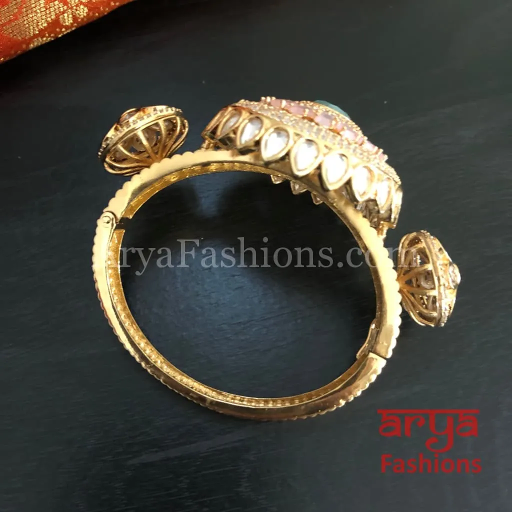 Veera Jadau Kundan Rajwadi Openable Bracelet/ Jaipuri Flower Pacchi Kundan Statement Bracelet