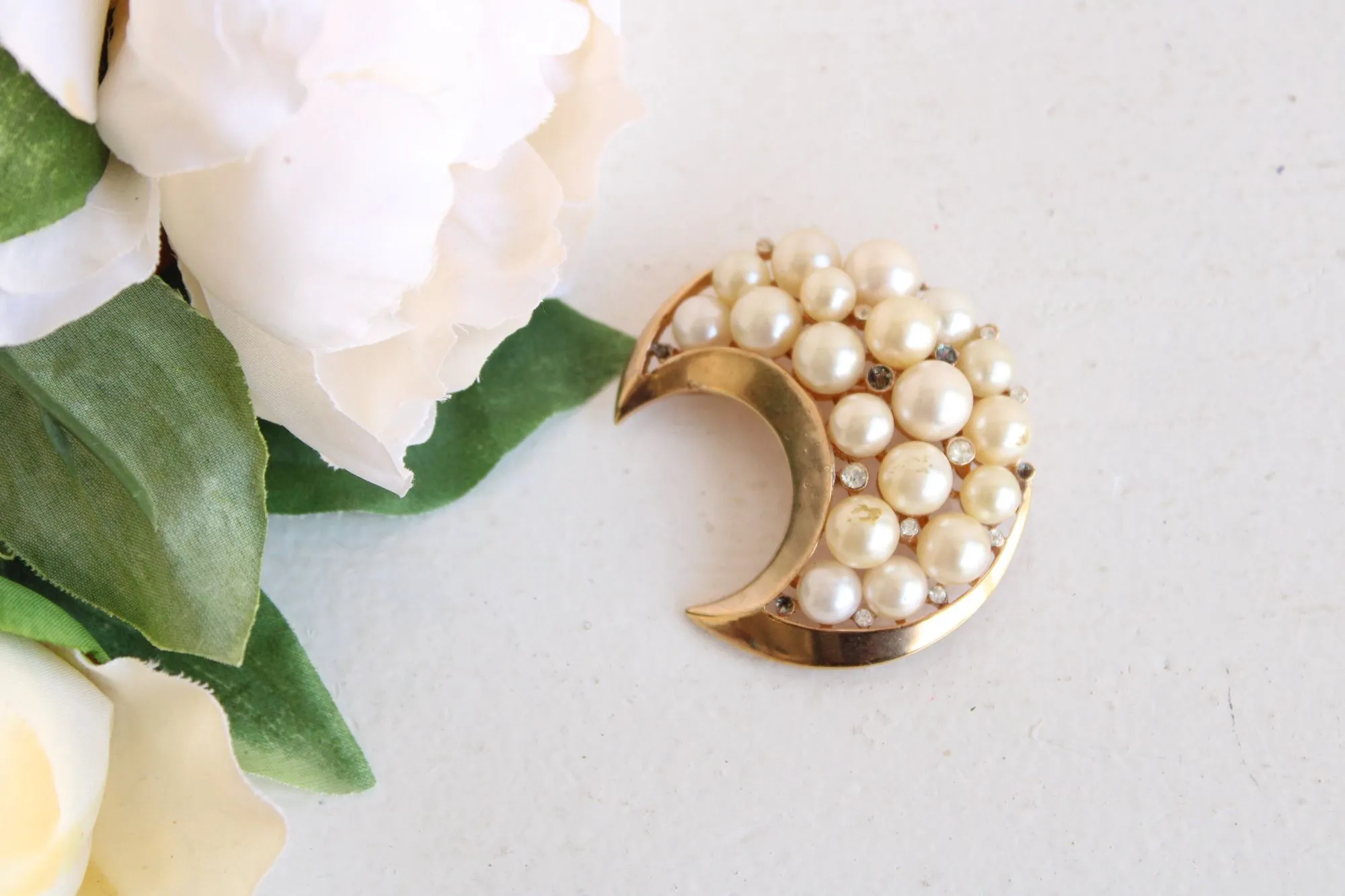 Vintage 1950s 1960s Trifari Crown Crescent Moon Brooch