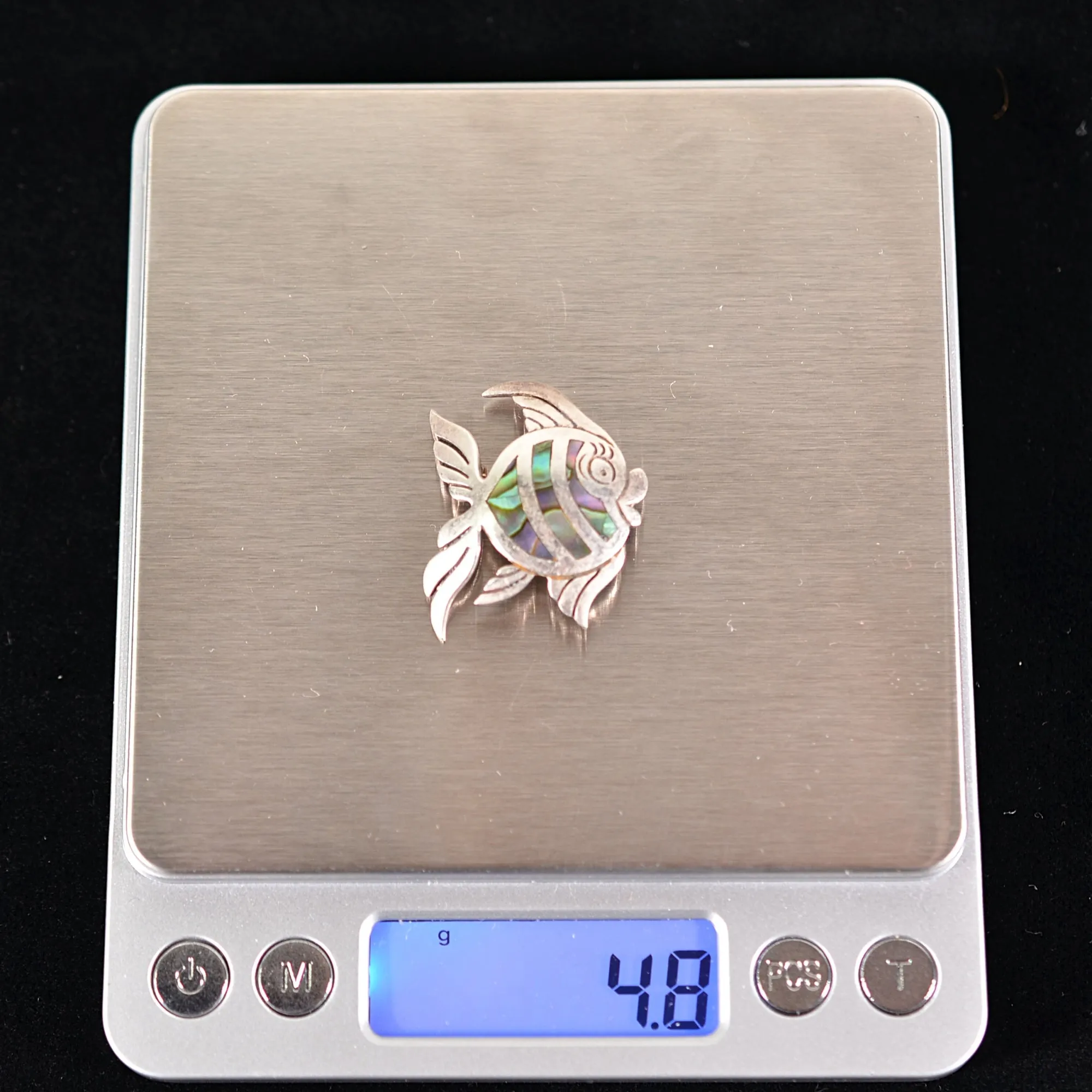 Vintage 40s Taxco Sterling Silver Abalone Fish Brooch Signed PC/Pedro Castillo 4.8 Grams