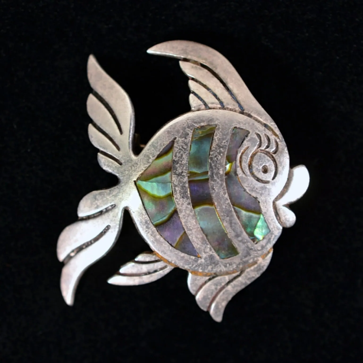 Vintage 40s Taxco Sterling Silver Abalone Fish Brooch Signed PC/Pedro Castillo 4.8 Grams