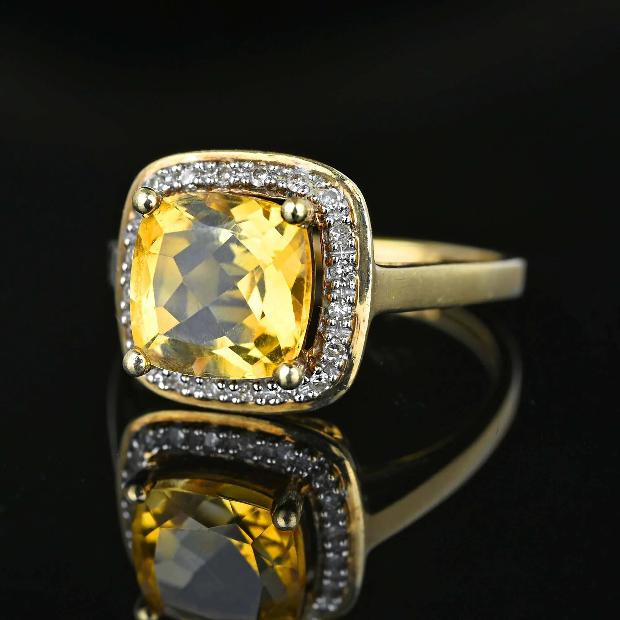 Vintage Diamond Halo Cluster Citrine Ring in Gold