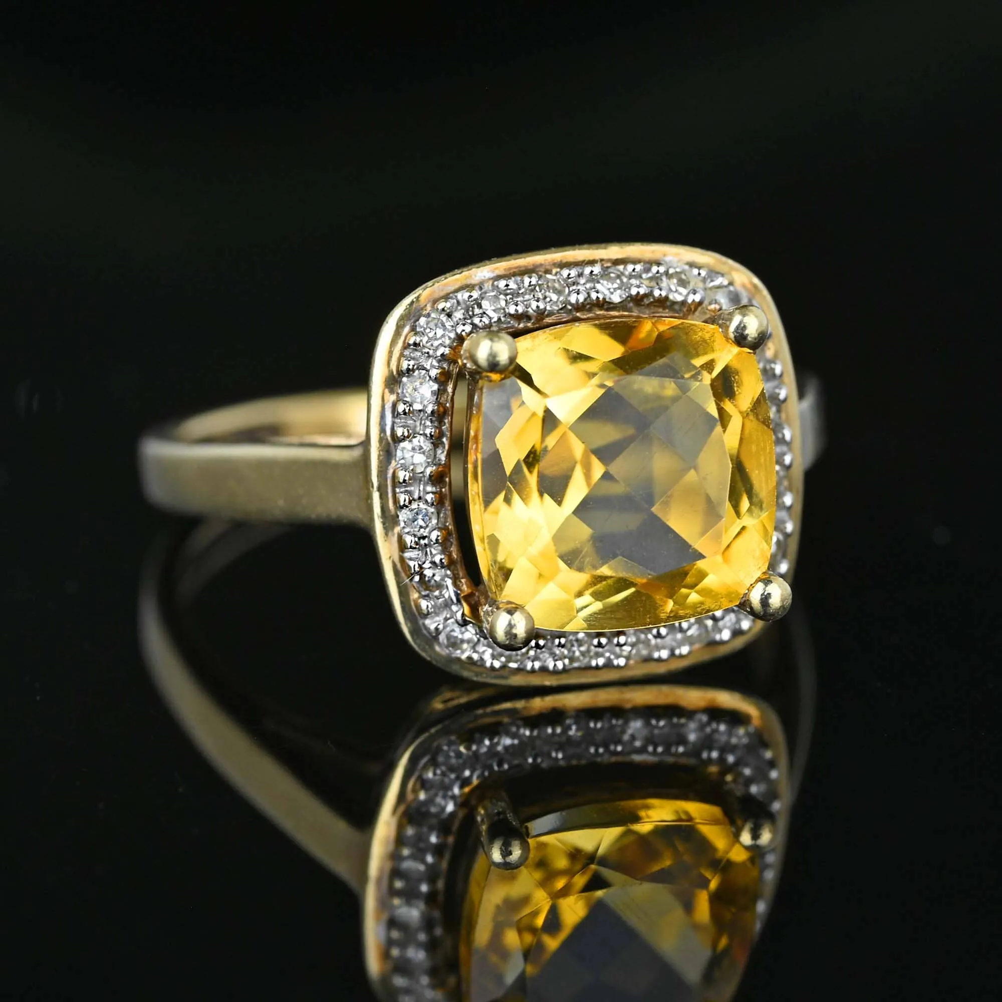 Vintage Diamond Halo Cluster Citrine Ring in Gold