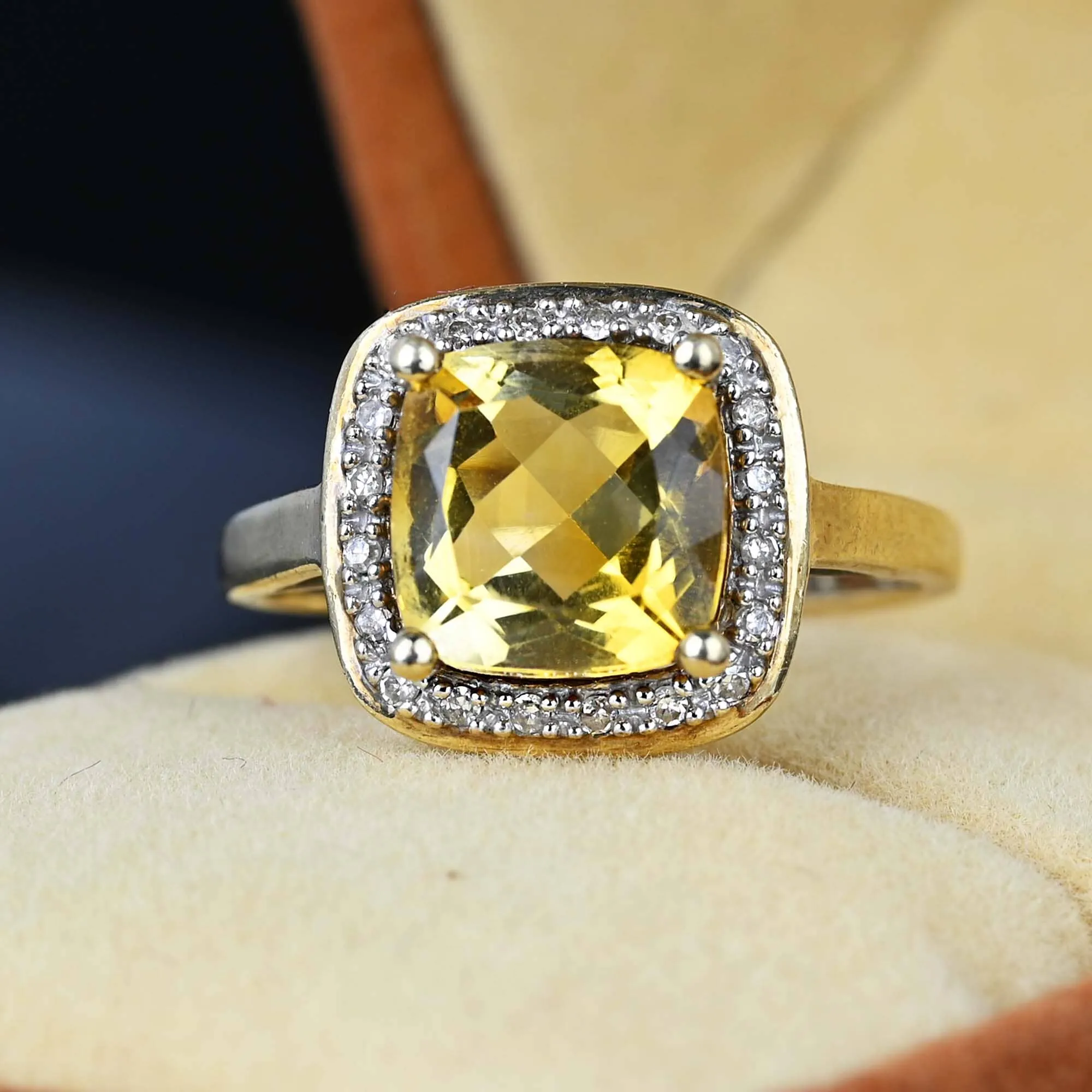 Vintage Diamond Halo Cluster Citrine Ring in Gold