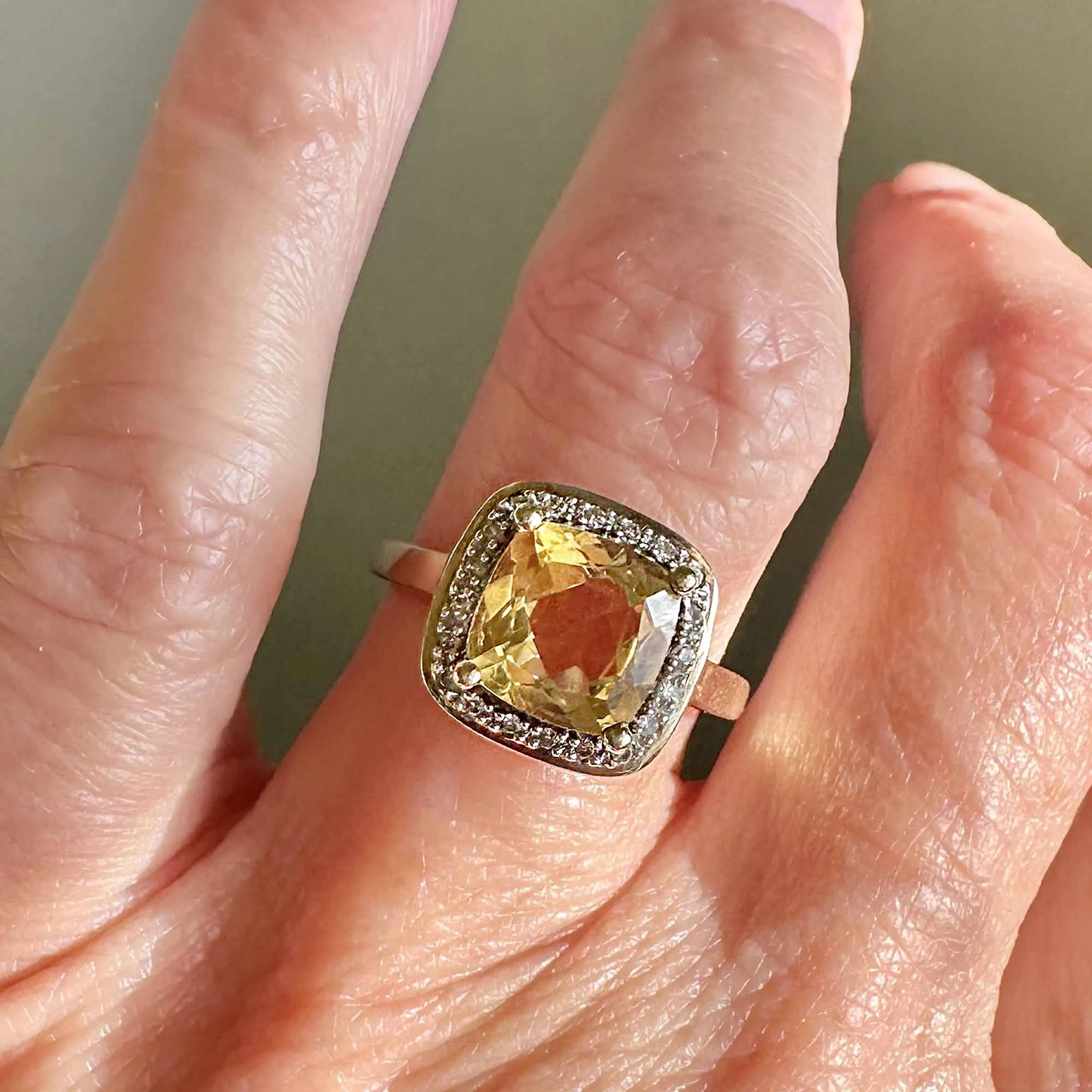 Vintage Diamond Halo Cluster Citrine Ring in Gold