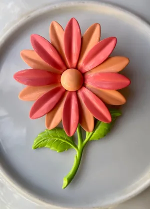 Vintage Large Coral / Salmon Pink Enamel Metal Flower Pin Brooch