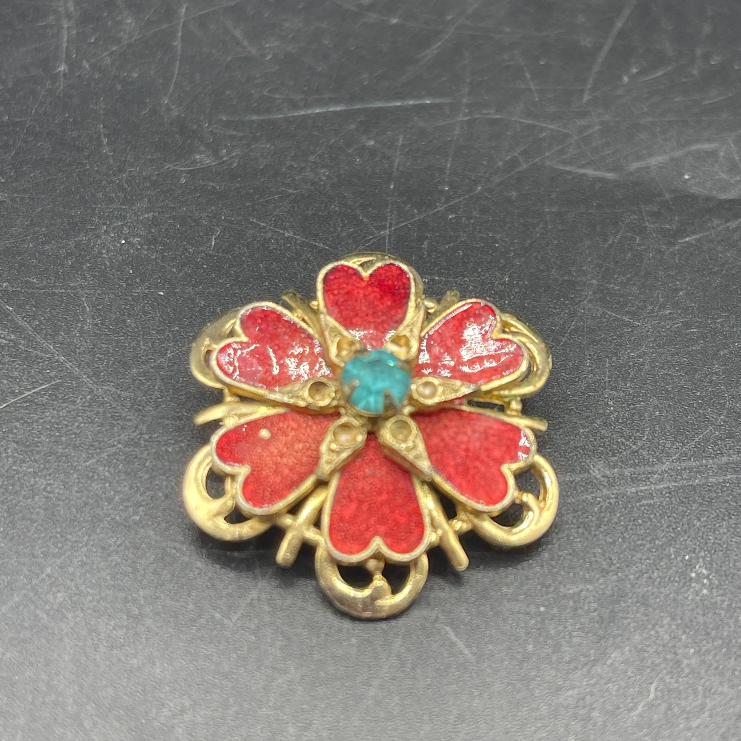 Vintage Red Enamelled Brooch with Crystals