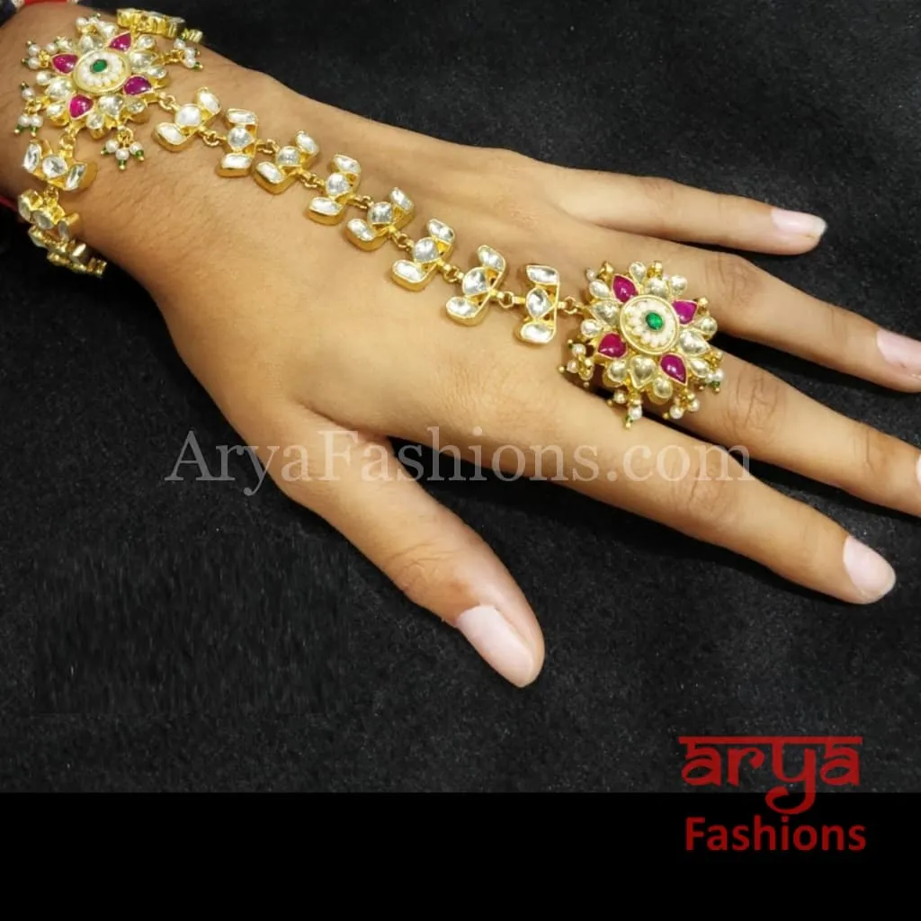 White and Ruby Pink Designer Bridal Kundan Hathphool, Pair of 2