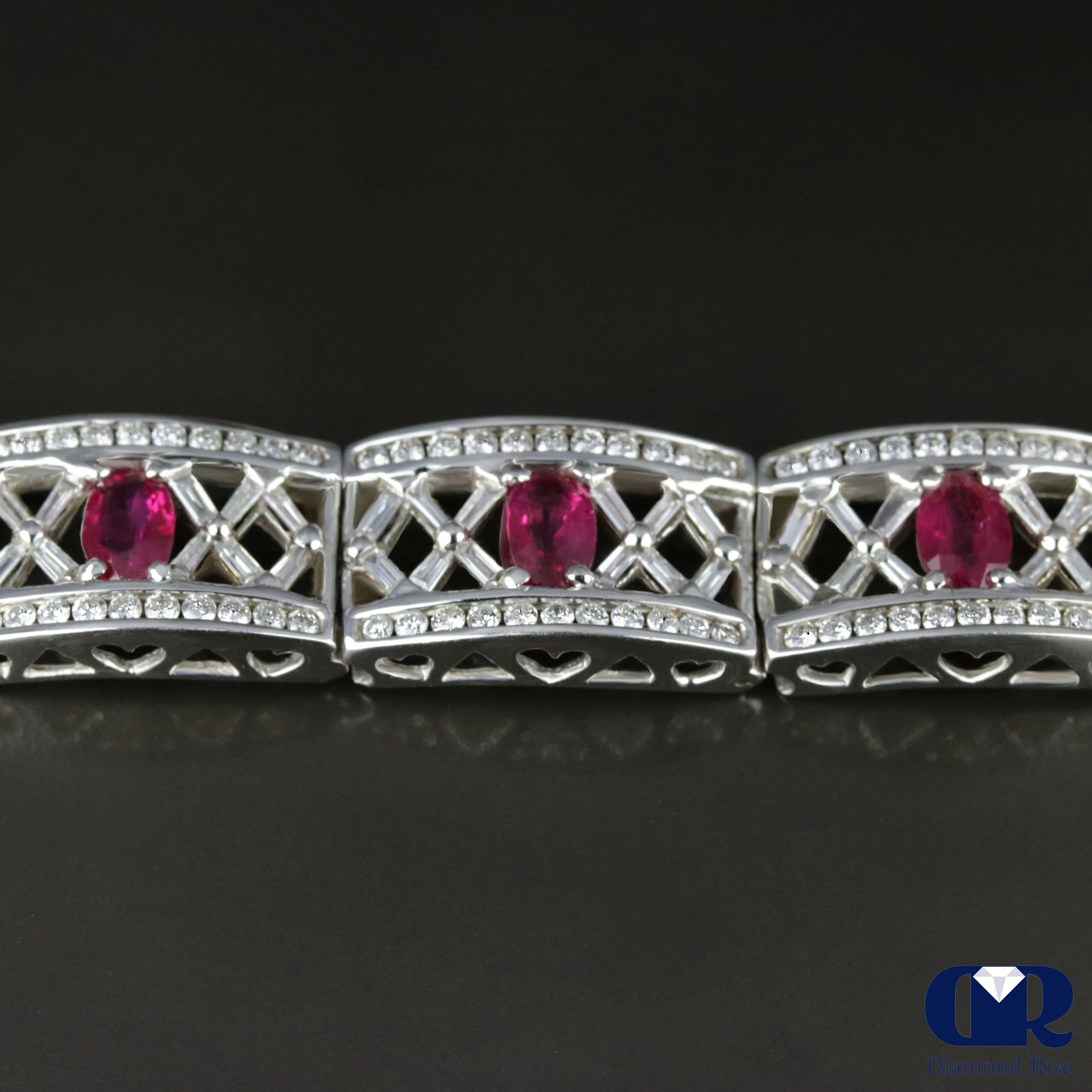 Women's Enormous 12.12 Carat Diamond & Ruby Vintage Bracelet In 14K White Gold