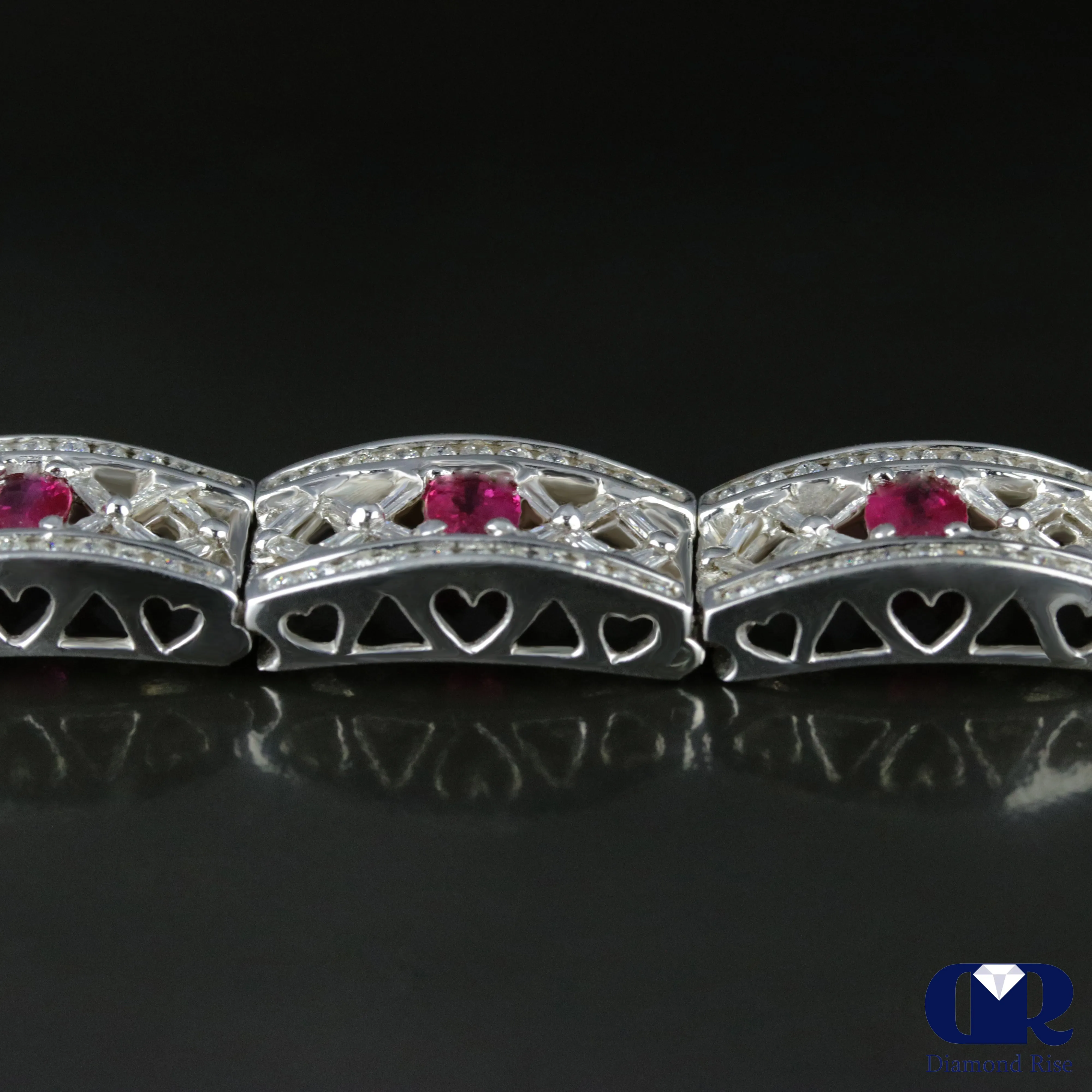 Women's Enormous 12.12 Carat Diamond & Ruby Vintage Bracelet In 14K White Gold