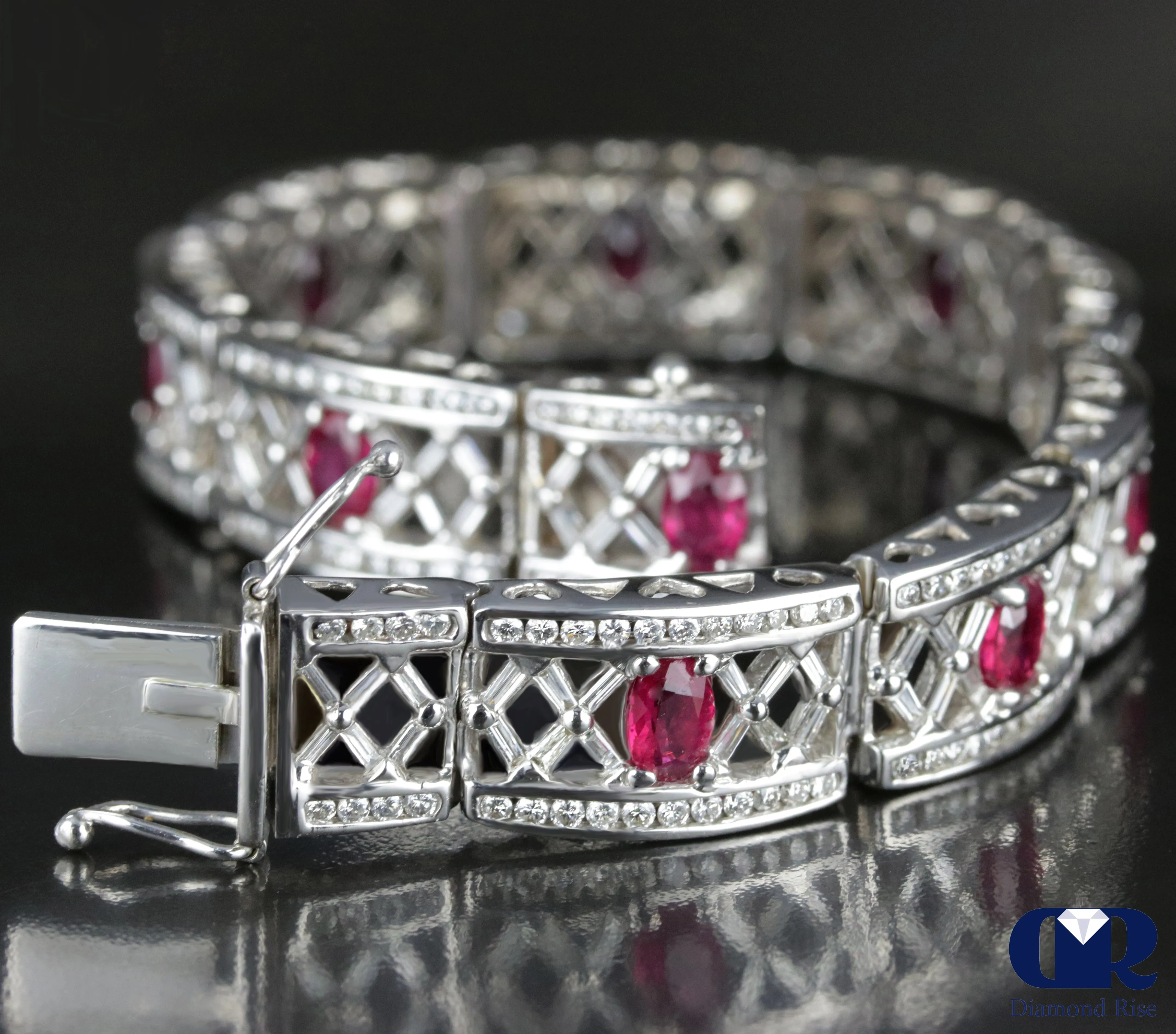 Women's Enormous 12.12 Carat Diamond & Ruby Vintage Bracelet In 14K White Gold