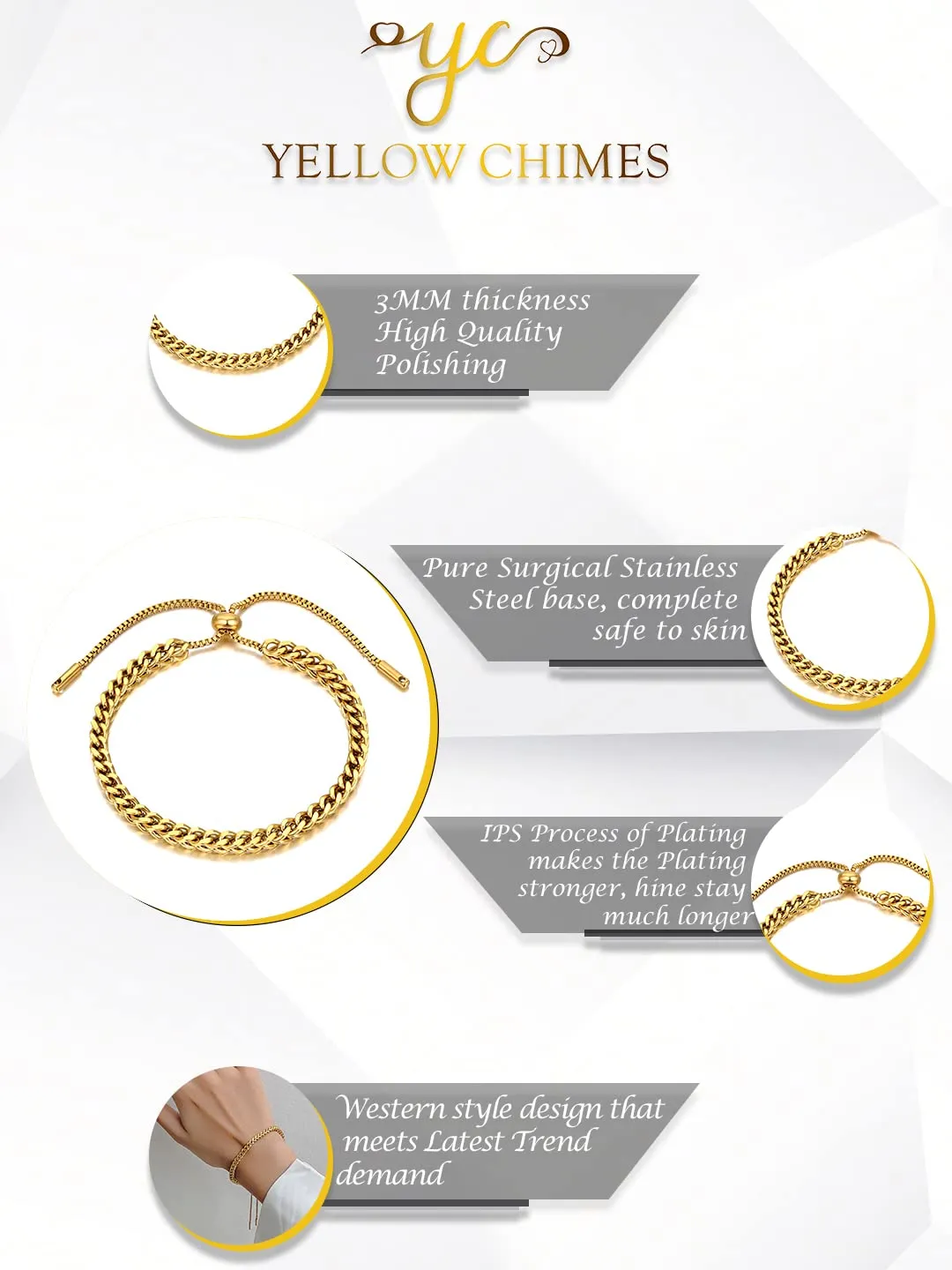 Yellow Chimes Chain Bracelet for Women Gold Plated Adjustable Drawstring Stainless Steel Chain Bracelet for Women and Girls